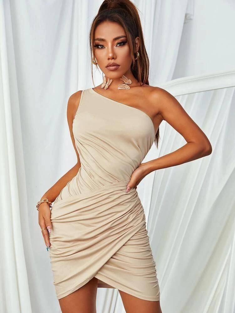 One Shoulder Slinky Ruched Dress - Beige