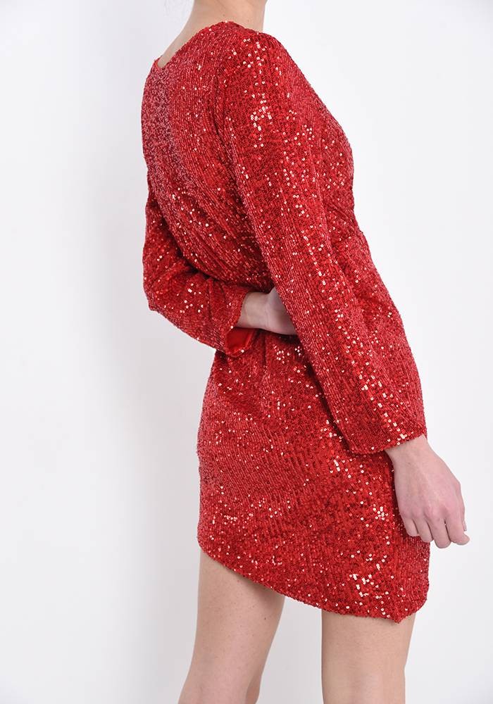 Sequin Wrap Long Sleeve Dress - Red