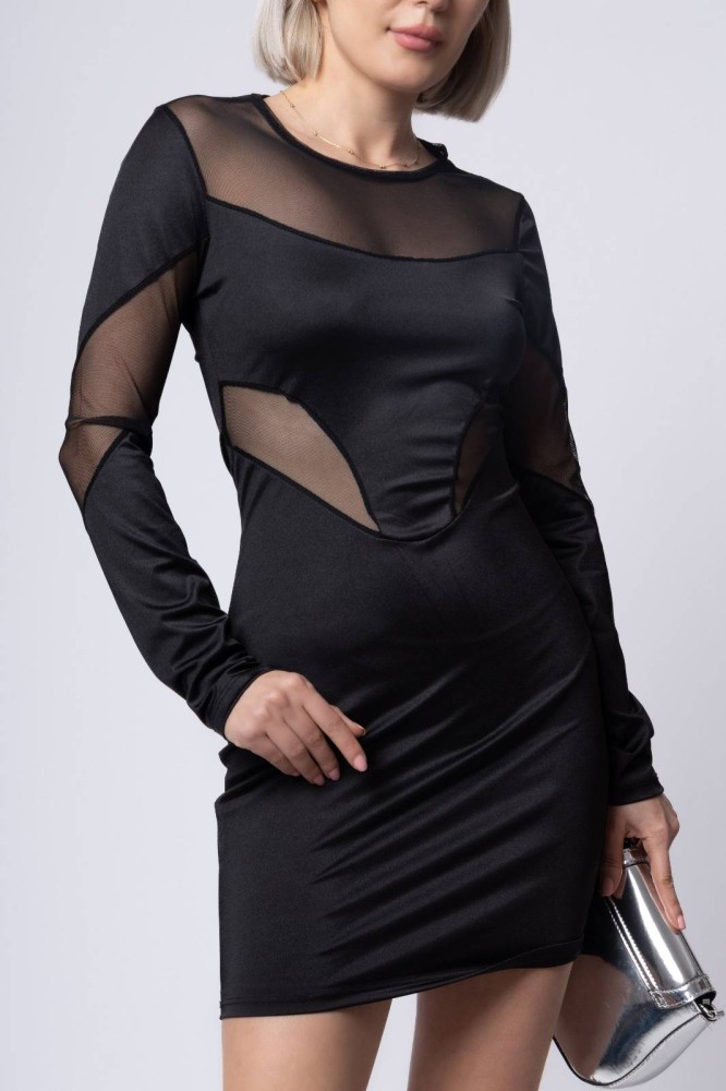 Front Cut Out Mesh Combined Dress - Black