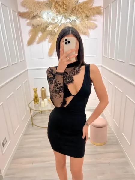 Lace Insert Back Zipped Dress - Black