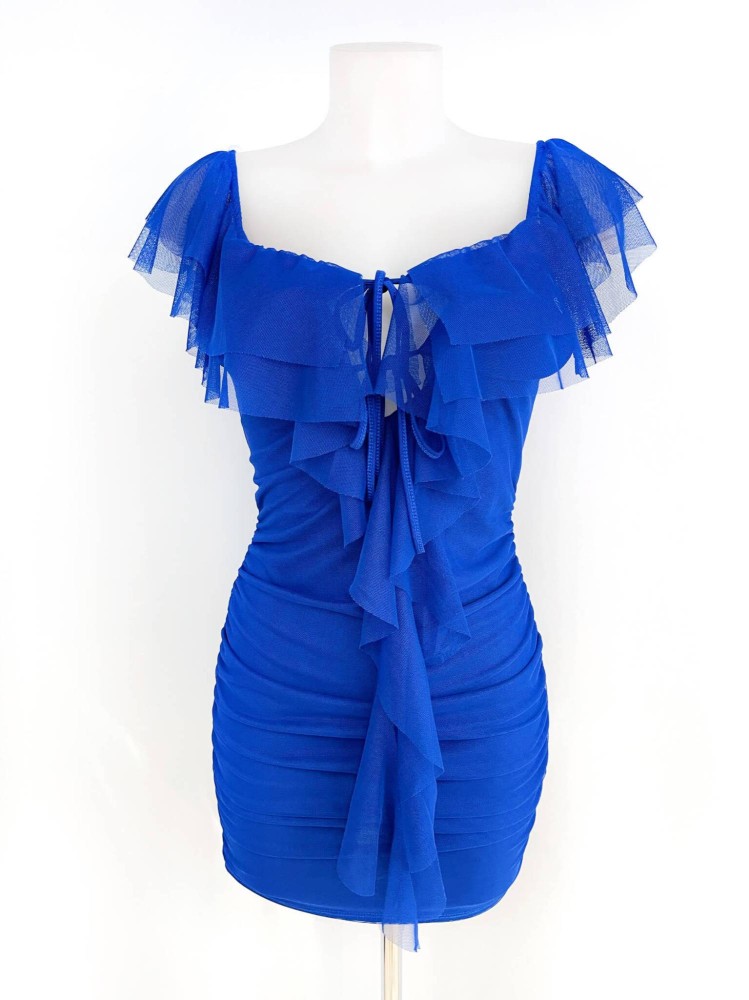 Tulle Mesh Ruffle Trim Short Dress - Royal Blue