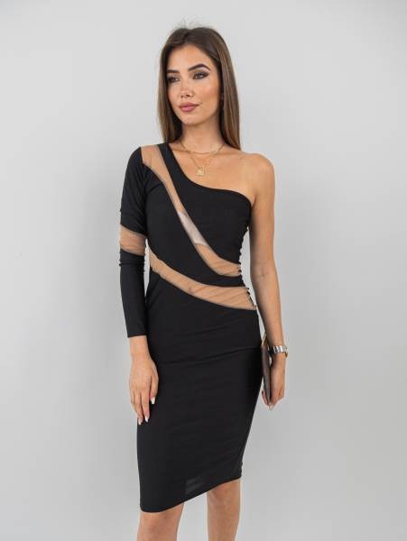 Cut Out Mesh Insert One Shoulder Dress - Black