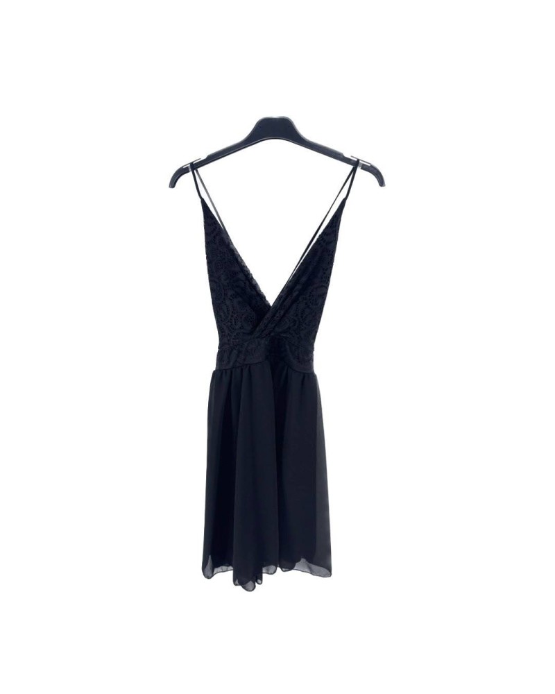 Chiffon V Neck Lace Insert Dress - Black