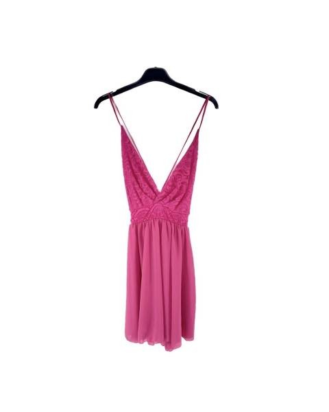 Chiffon V Neck Lace Insert Dress - Fuchsia