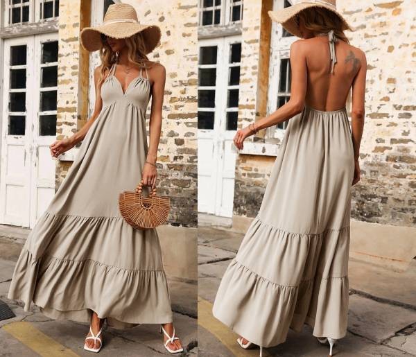 Halter Neck Open Back Maxi Dress - Beige