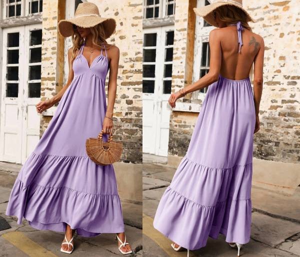 Halter Neck Open Back Maxi Dress - Lilac