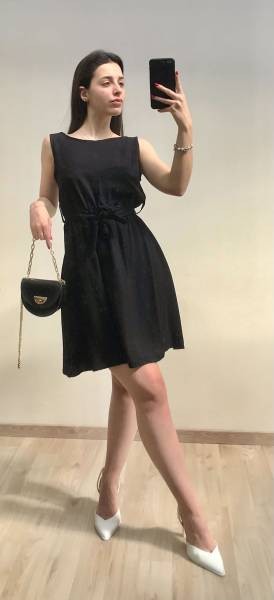 Low Back Dress with Belt  - Black