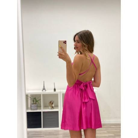 Open Back Satin Dress - Fuchsia