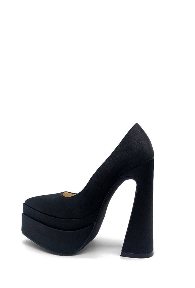 Satin Double Platform Block High Heels - Black