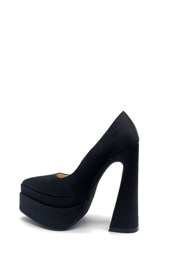 Satin Double Platform Block High Heels - Black