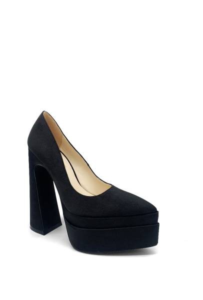 Satin Double Platform Block High Heels - Black