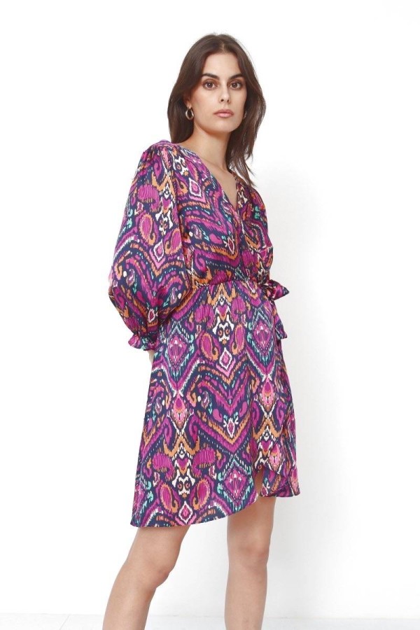 Printed Wrap Dress - Fuchsia