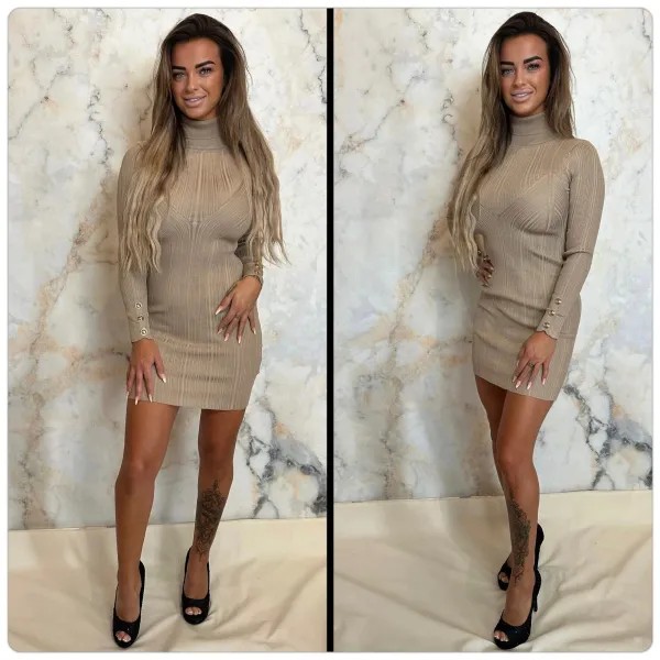 Ribbed Turtleneck Bodycon Mini Dress - Beige