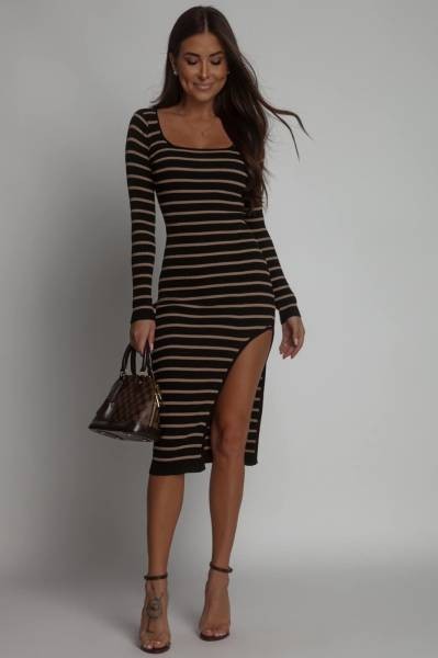 Striped Square Neck Side Slit Midi Dress - Black