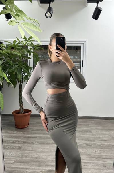 Tactel Waist Cut Out Midi Dress - Grey