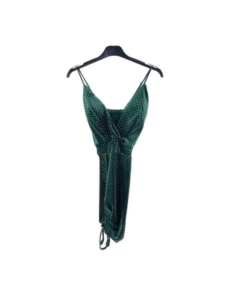 Strass Velvet Ruched Strappy Dress - Green