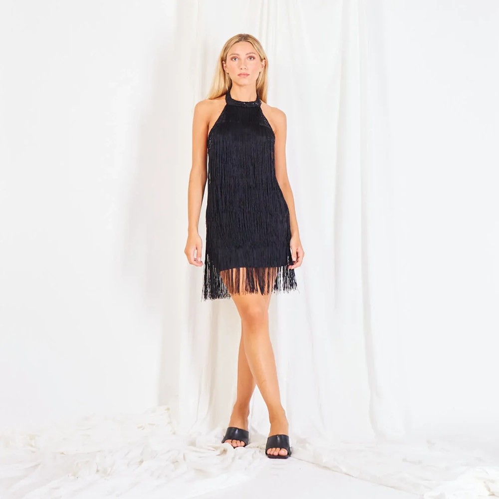 Halterneck Fringed Dress - Black