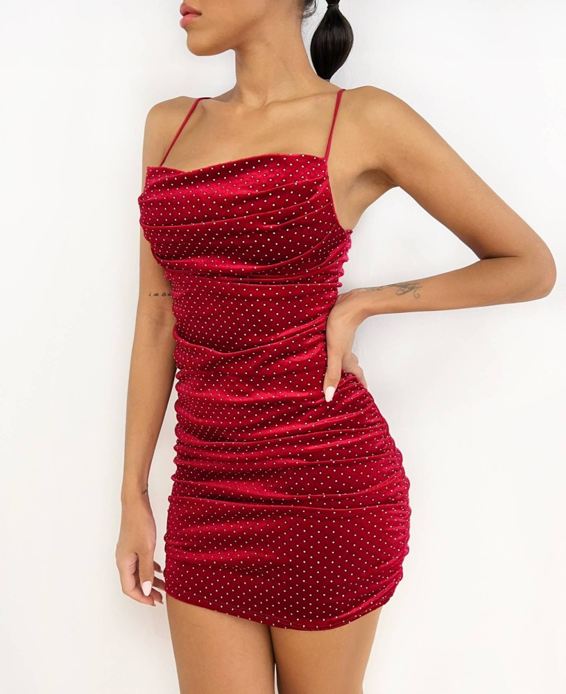 Velvet Rhinestones Dress - Red