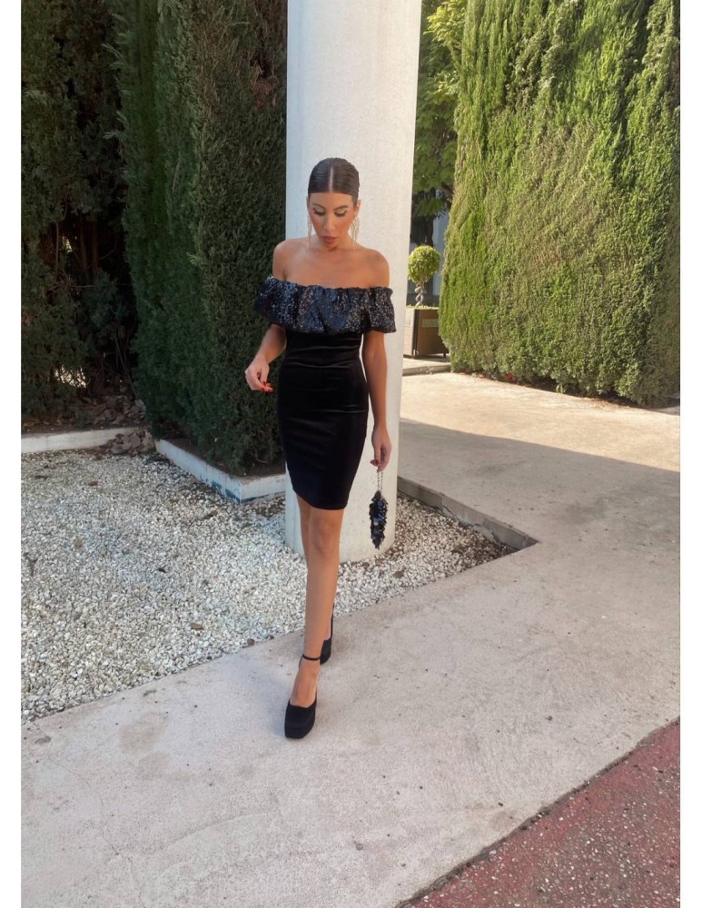 Off Shoulder Sequin Velvet Dress - Black