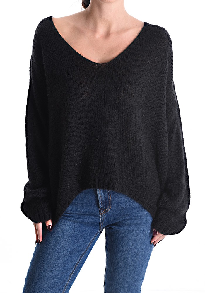 V Neck Knitted Sweater - Black