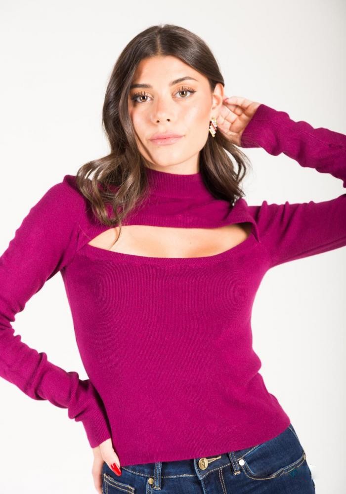 Cut Out Turtleneck Top - Magenta