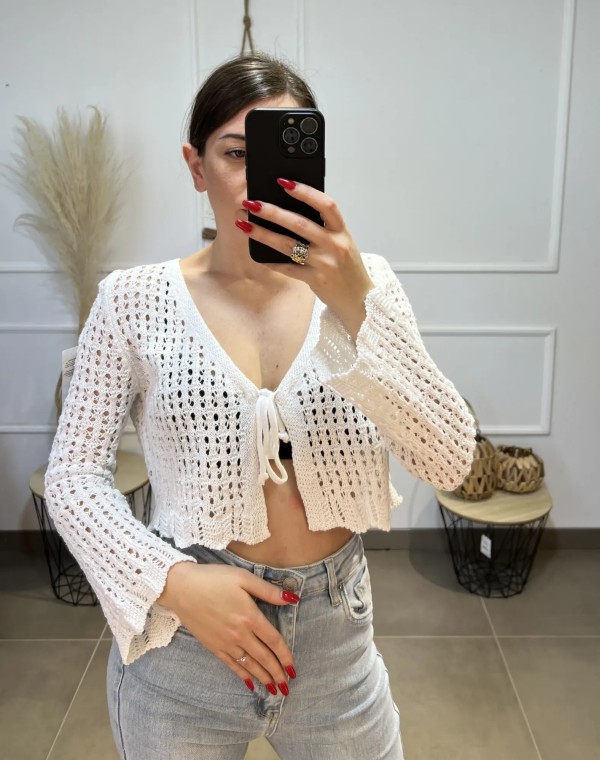 Front Tie Knitted Top - White