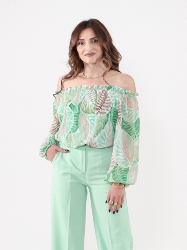 Floral Print Pleated Blouse - Green