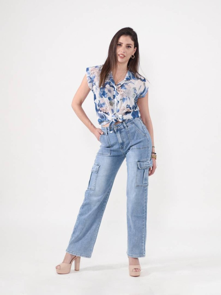 Wide Leg Cargo Jeans - Blue