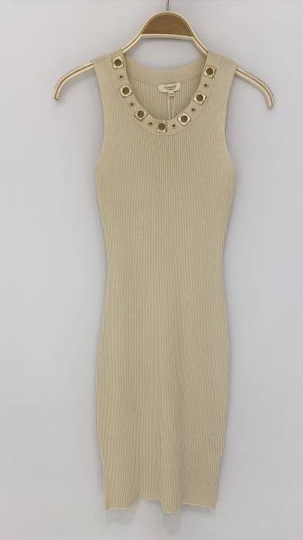 Golden Neckline Ribbed Dress - Beige