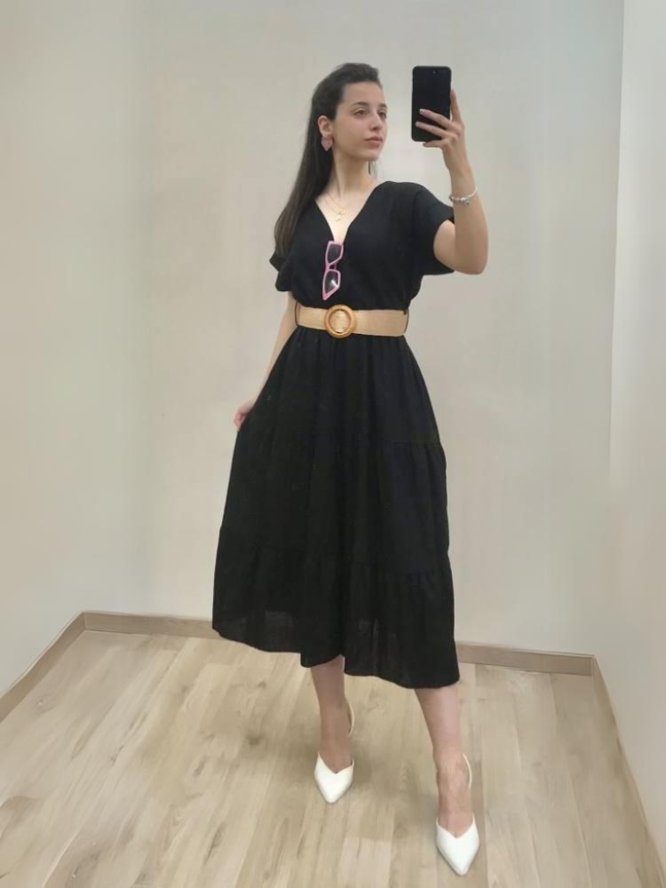 Linen Dress with Belt - Black