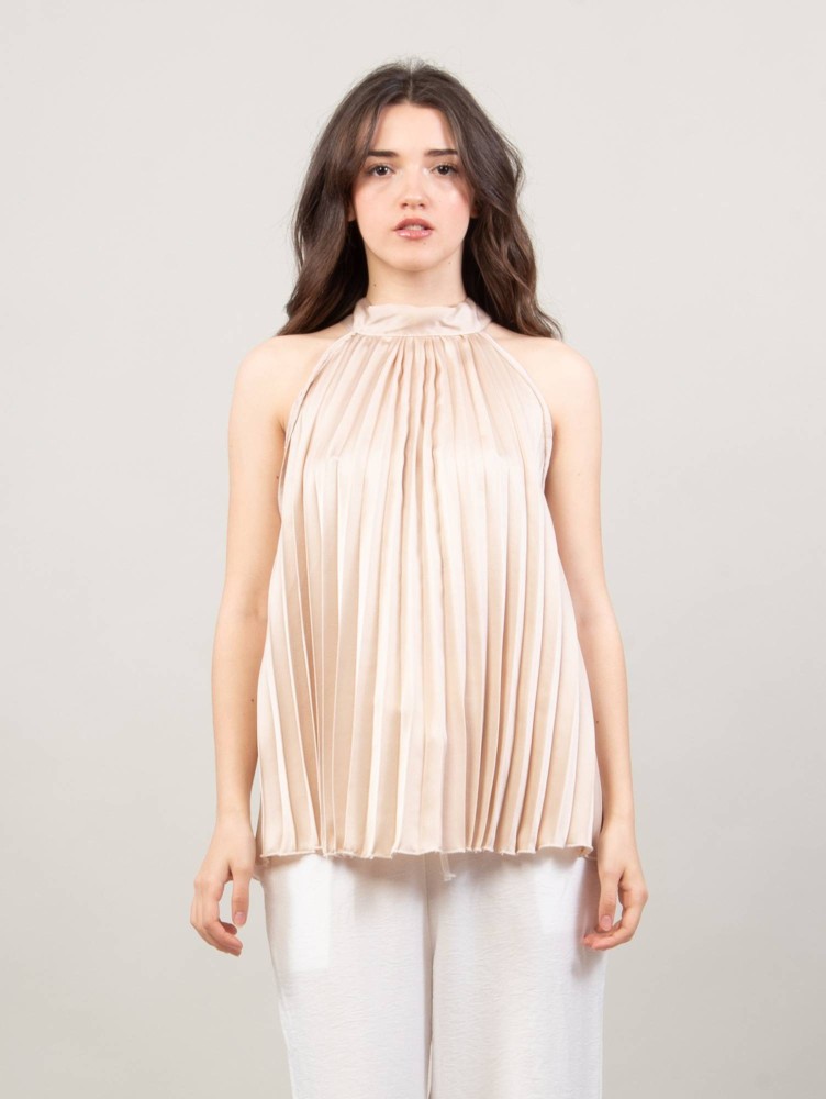 Pleated Bow-Back Blouse - Beige
