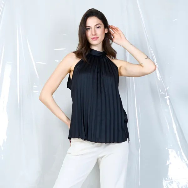 Pleated Bow-Back Blouse - Black