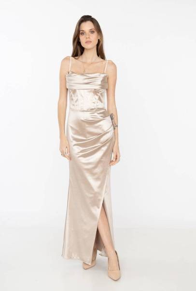 Corset Long Dress with Side Slit - Beige