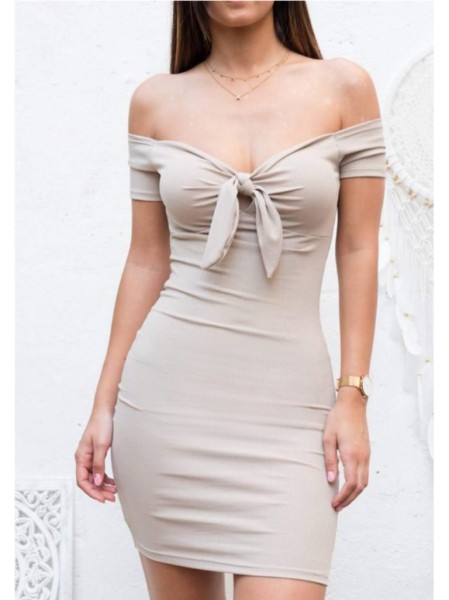 Off Shoulder Ribbed Dress - Beige