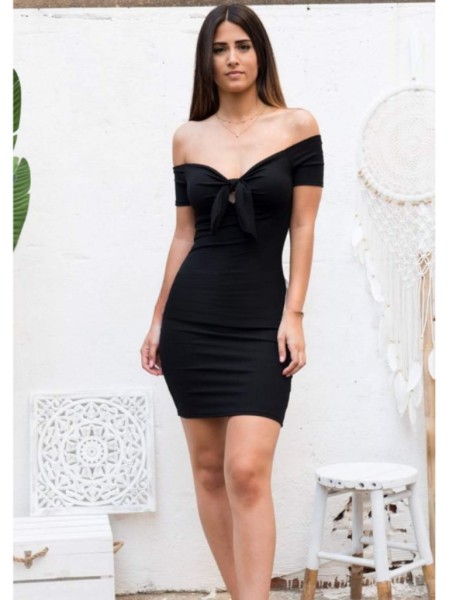 Off Shoulder Ribbed Dress - Black