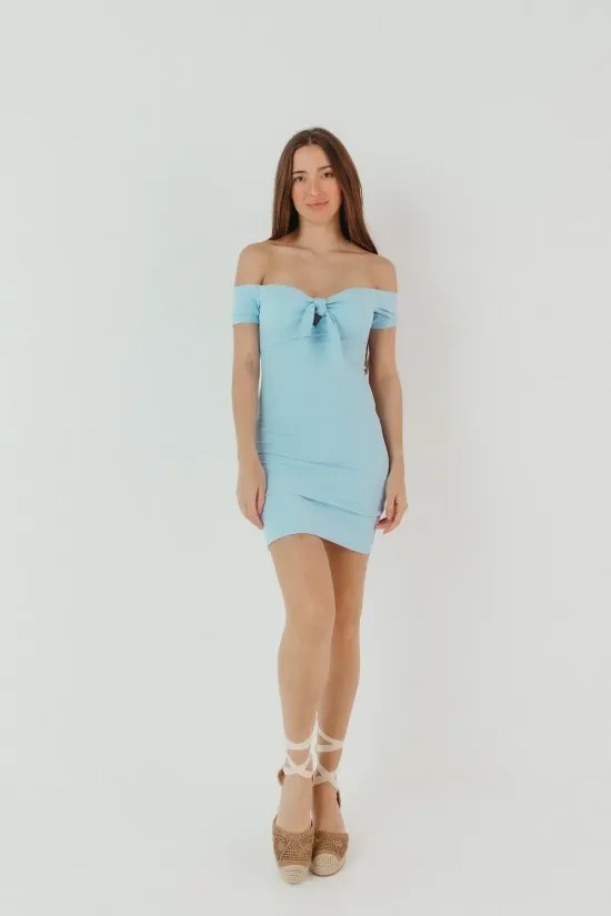 Off Shoulder Ribbed Dress - Sky Blue