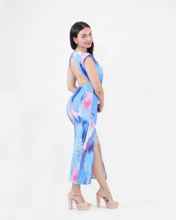 V Neck Open Back Printed Dress - Sky Blue