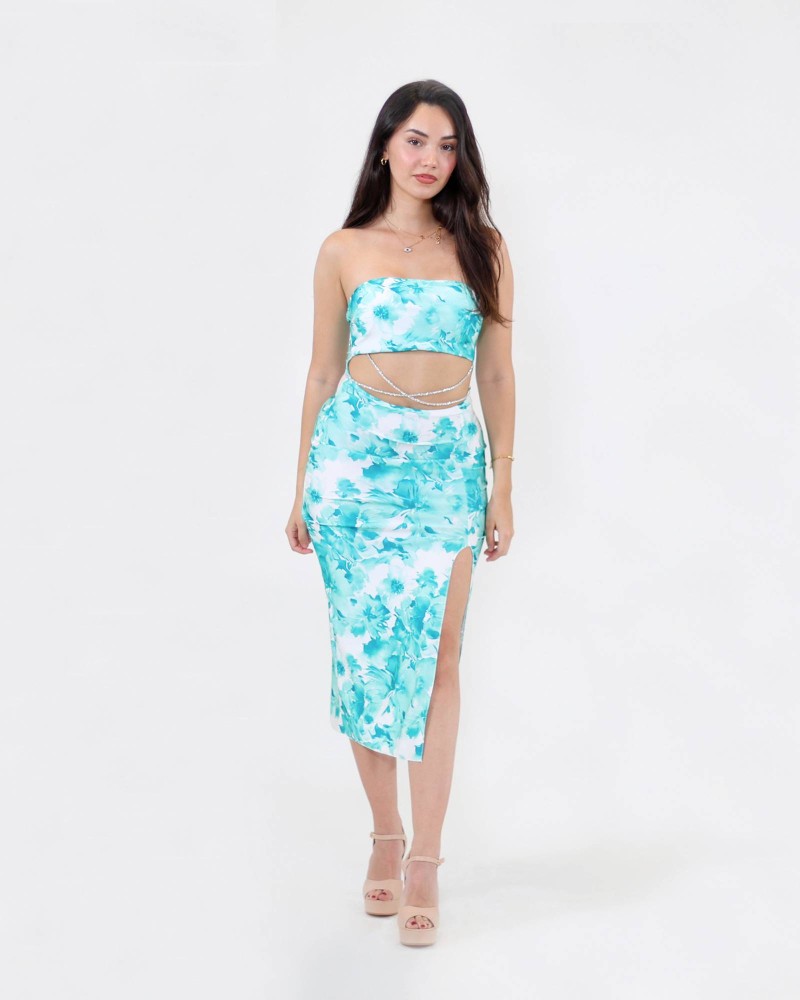 Printed Off Shoulder Midi Dress - Green