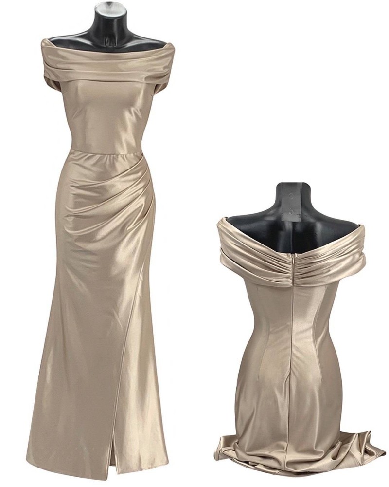 Off Shoulder Maxi Satin Dress - Beige