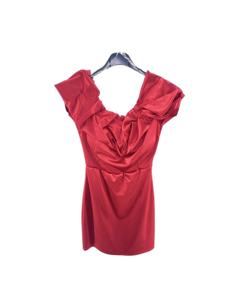 Off Shoulder Frilled Satin Dress - Red