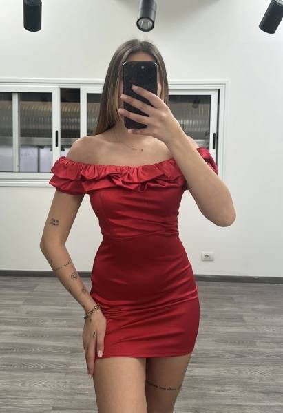 Off Shoulder Frilled Satin Dress - Red