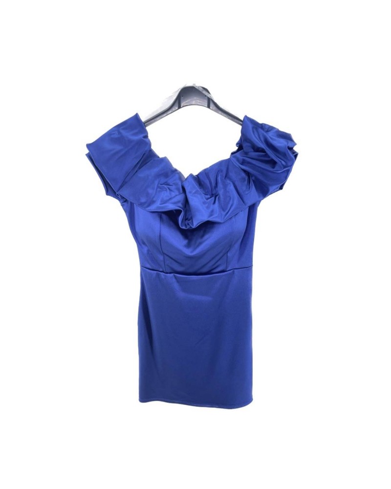 Off Shoulder Frilled Satin Dress - Royal Blue