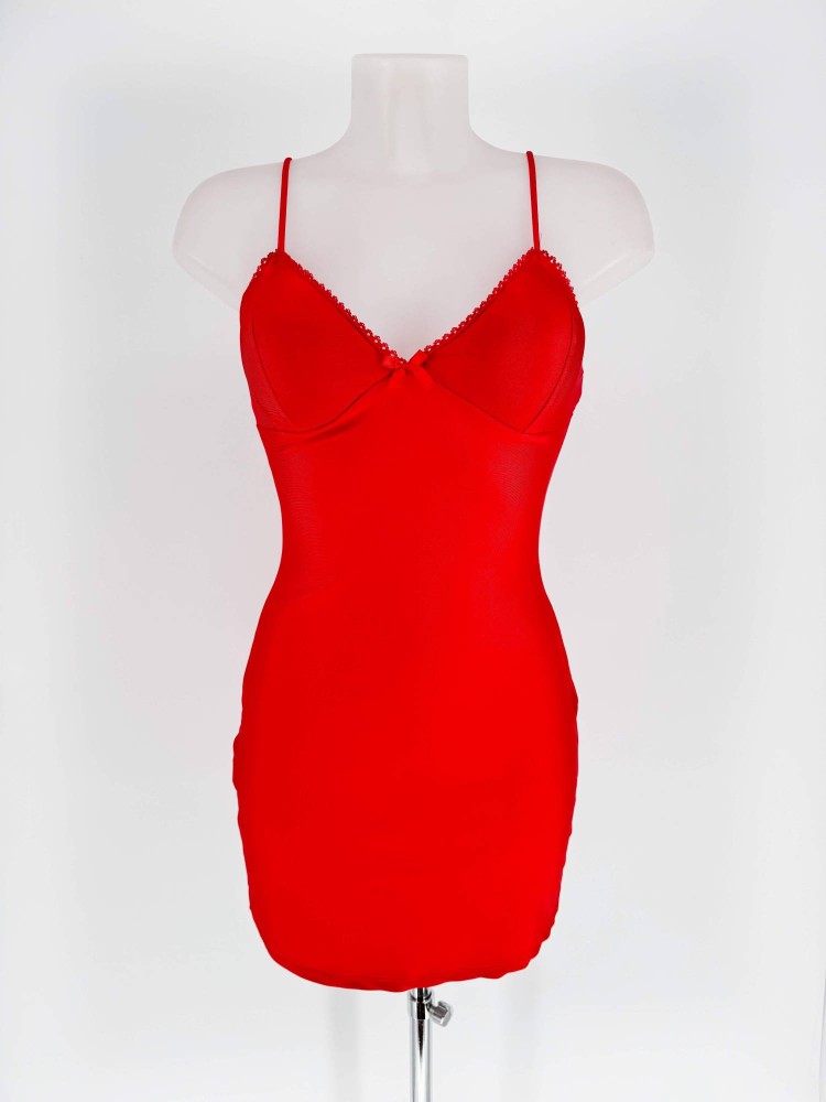 Lace Detail Mini Satin Dress - Red