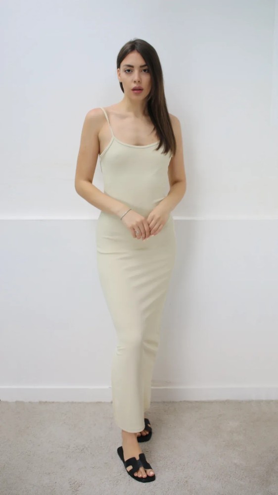 Ribbed Open Back Bodycon Long Dress - Beige