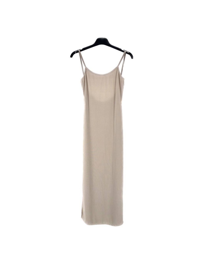 Ribbed Open Back Bodycon Long Dress - Beige