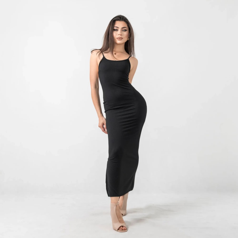 Ribbed Open Back Bodycon Long Dress - Black