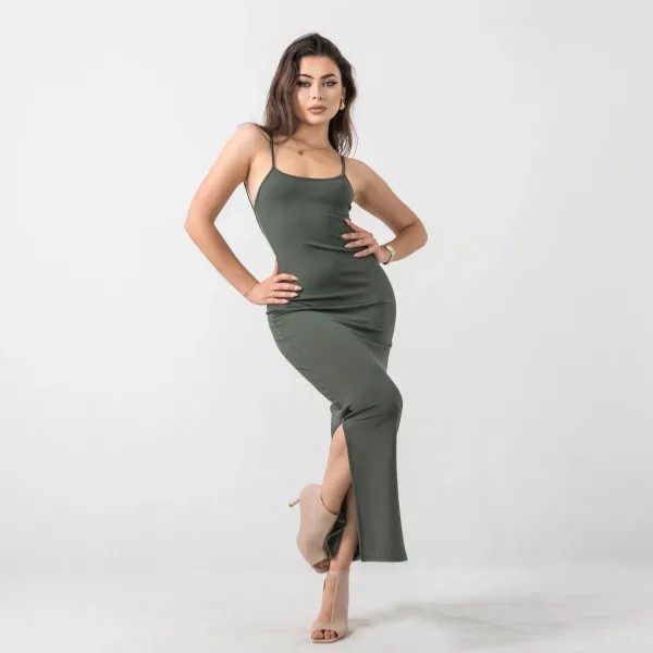 Ribbed Open Back Bodycon Long Dress - Khaki