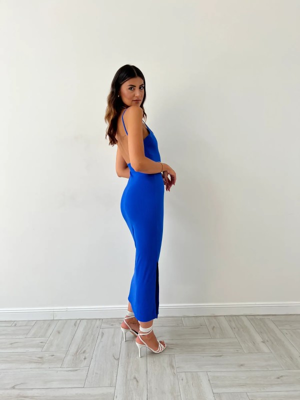 Ribbed Open Back Bodycon Long Dress - Royal Blue