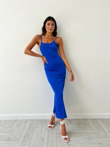 Ribbed Open Back Bodycon Long Dress - Royal Blue