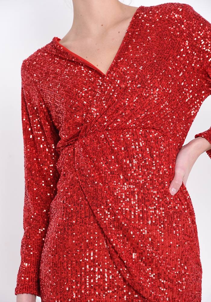 Sequin Wrap Long Sleeve Dress - Red